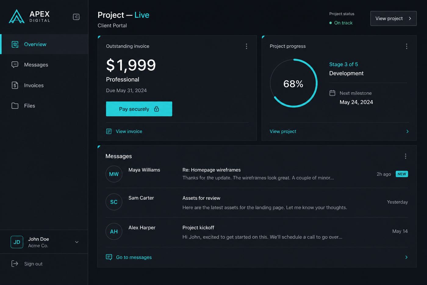 Client portal — custom Application website